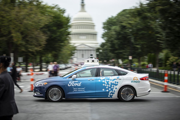 Ford Argo AI self-driving test car zooming through Washington D.C.